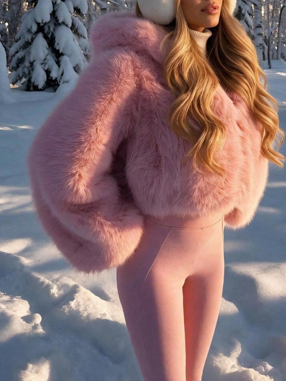 Pink Casual Women's Regular Fit Hooded Single-Breasted Warm Winter Faux Fur Coat